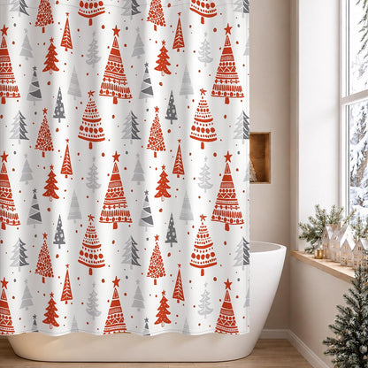 Sunlit Christmas Shower Curtain, Red and Gray Xmas Trees with Stars and Snow Pattern Shower Curtain for Bathroom Decor, 71x71 Inch