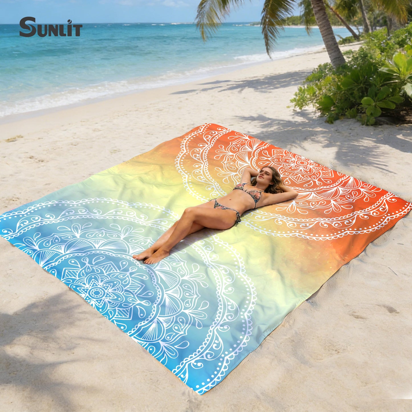 Sunlit Silky Soft Sand Proof Beach Blanket 106"x81" / 85"x72" Sand Proof Mat with Corner Pockets and Mesh Bag for Beach Party, Travel, Camping and Outdoor Music Festival, Mandala