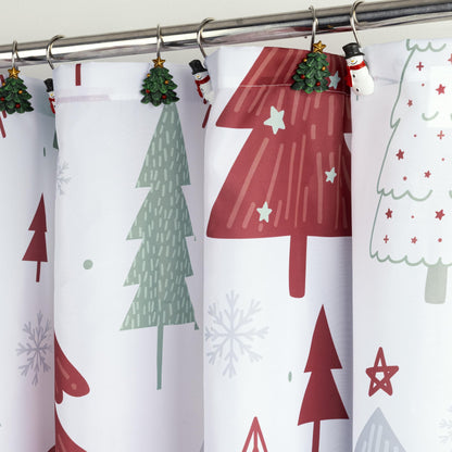 Sunlit Christmas Shower Curtain, Red and Gray Xmas Trees with Stars and Snow Pattern Shower Curtain for Bathroom Decor, 71x71 Inch