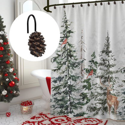 Sunlit Pinecone Decorative Shower Curtain Hooks, Brown Pine Cone Shower Curtain Rings, Resin, Winter Christmas Theme Bathroom Decoration, Set of 12