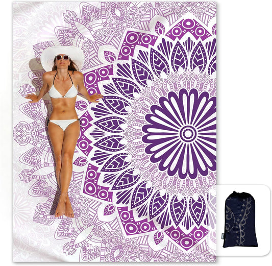 Sunlit Silky Soft 81"x106" Sand Proof Beach Blanket Sand Proof Mat with Corner Pockets and Fashion Mesh Bag for Beach Party, Travel, Camping and Outdoor Music Festival, Boho Lilac Mandala