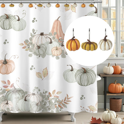 Sunlit Fall Pumpkin Decorative Shower Curtain Hooks, Autumn Harvest Festival Shower Curtain Rings, Resin, Orange Farmhouse Bathroom Curtain Hangers Decoration, Set of 12