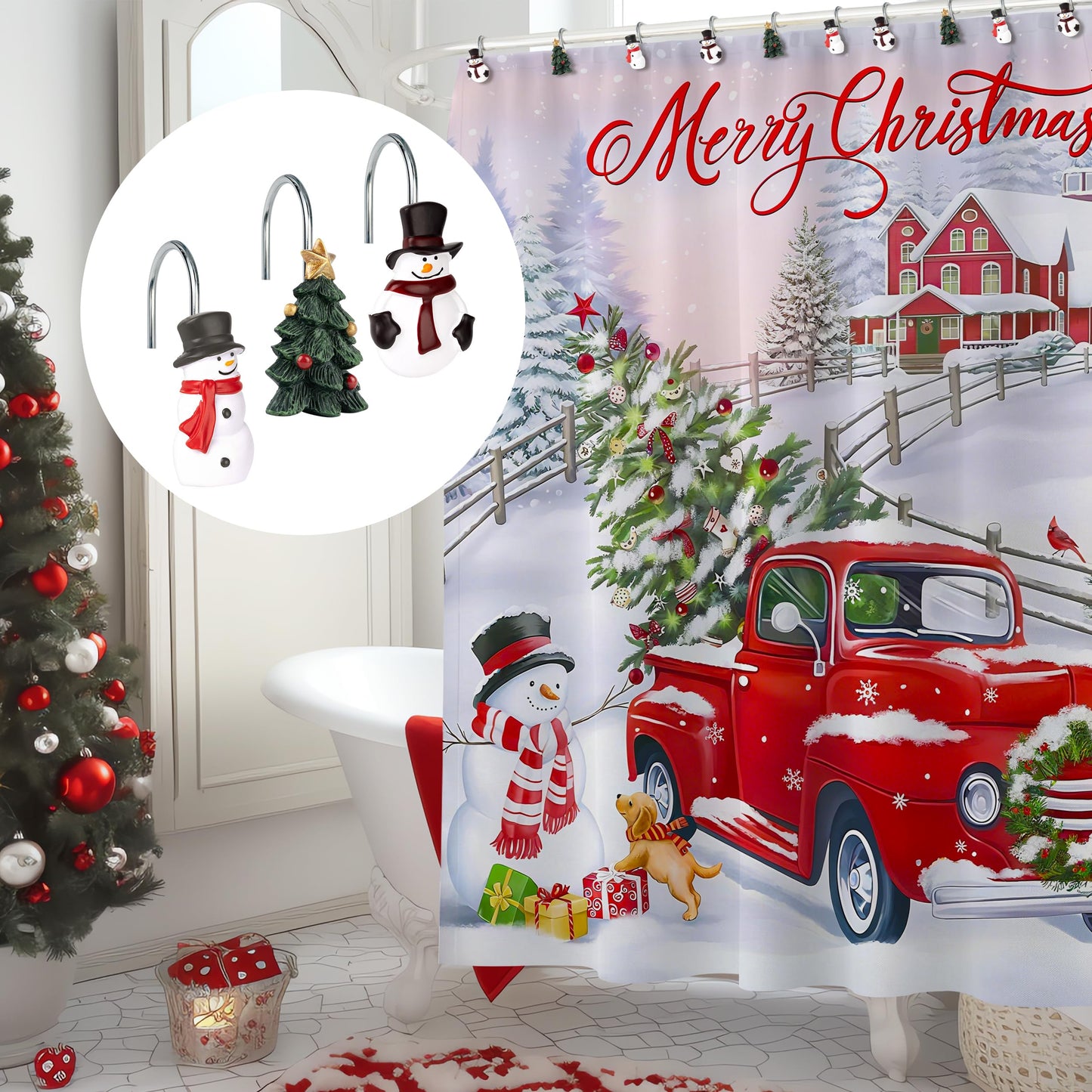 Sunlit Christmas Tree Snowman Decorative Shower Curtain Hooks, Green White Shower Curtain Rings, Resin, Xmas Theme Winter Holiday Bathroom Decoration, Set of 12
