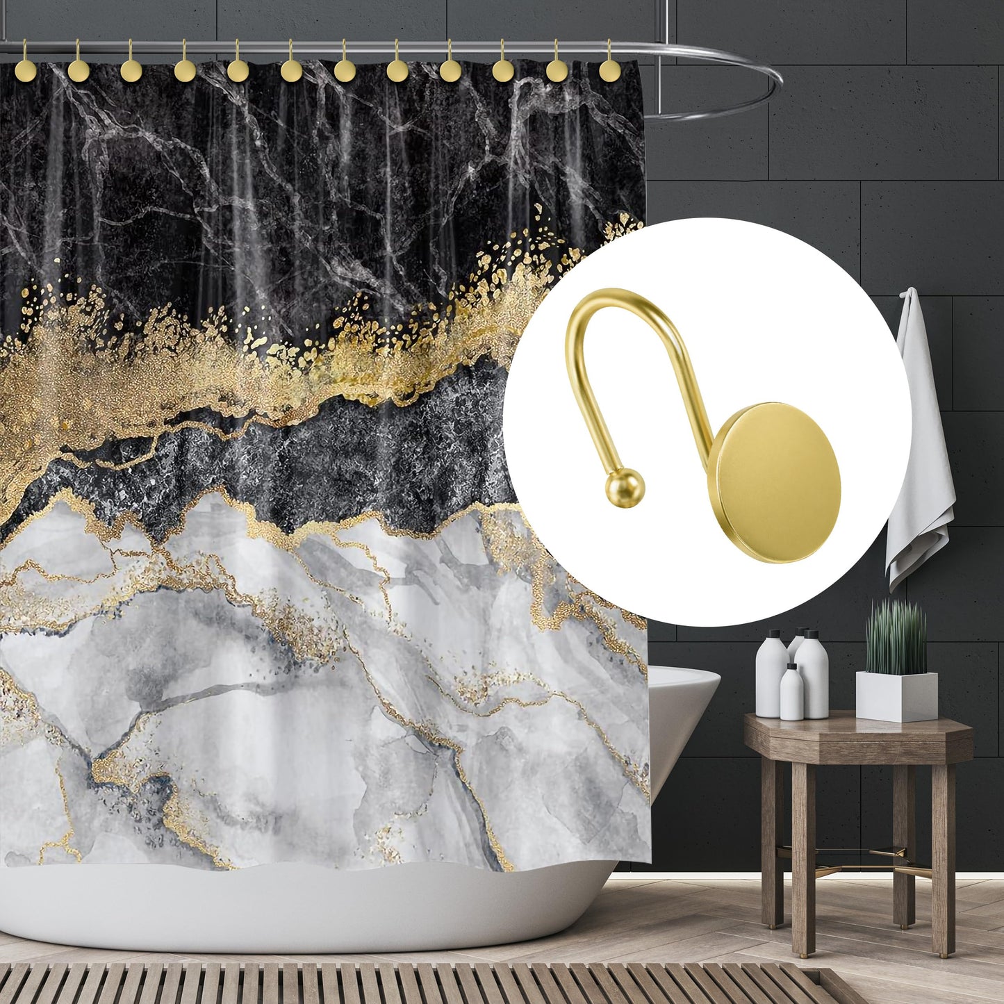 Sunlit Gold Shower Curtain Hooks, Round Metal Home Decorative Shower Curtain Rings for Bathroom, Modern Shower Curtain Hangers Bathroom Accessories, Set of 12