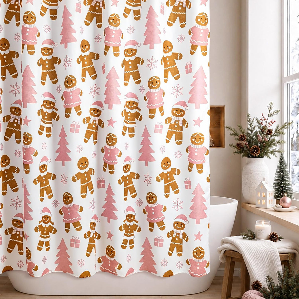 Sunlit Christmas Shower Curtain, Cute Gingerbread Men, Pink Christmas Trees and Gifts with Snowflake Accents, Whimsical Holiday Bathroom Decor, 72" x 72"