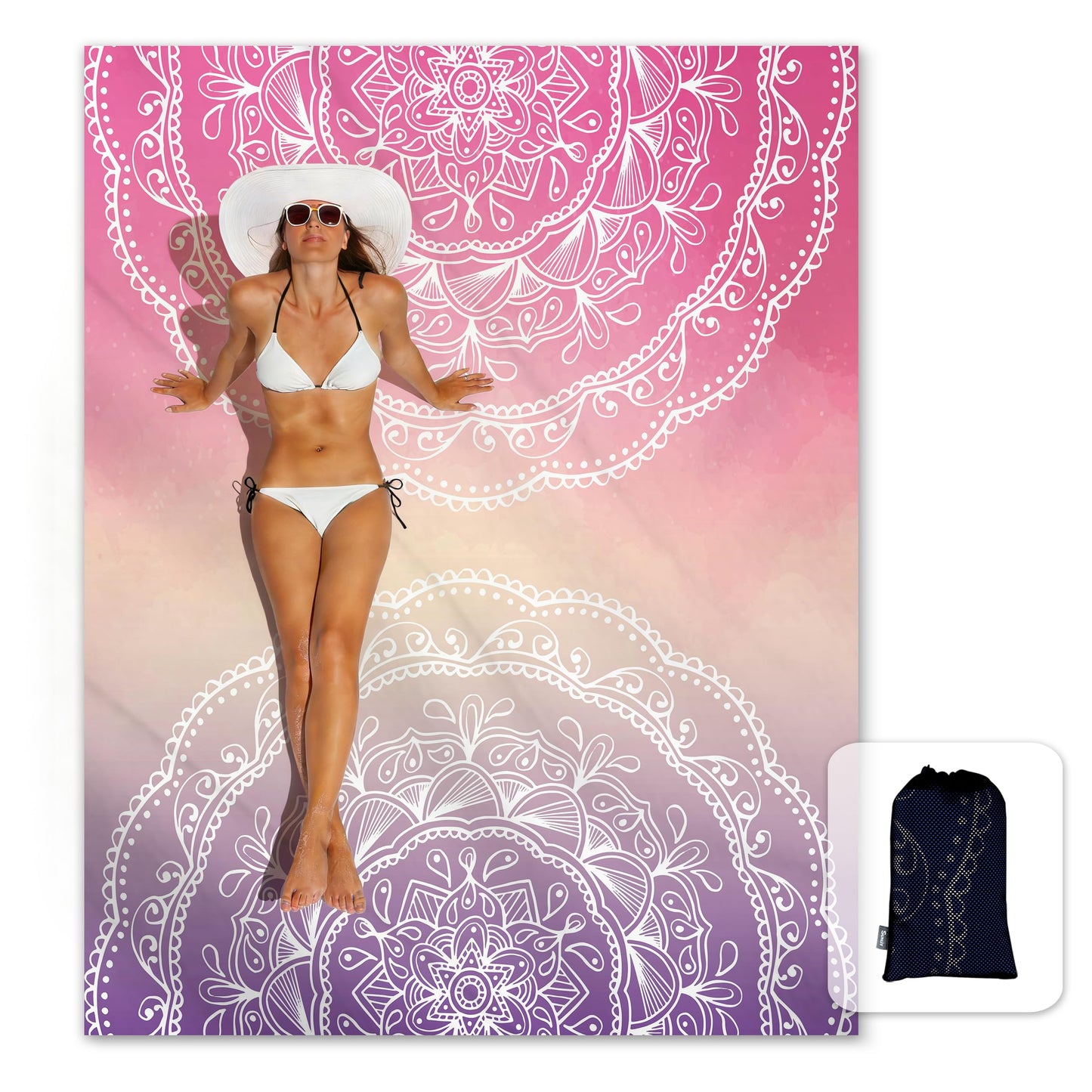 Sunlit Silky Soft Sand Proof Beach Blanket 106"x81" / 85"x72" Sand Proof Mat with Corner Pockets and Mesh Bag for Beach Party, Travel, Camping and Outdoor Music Festival, Mandala
