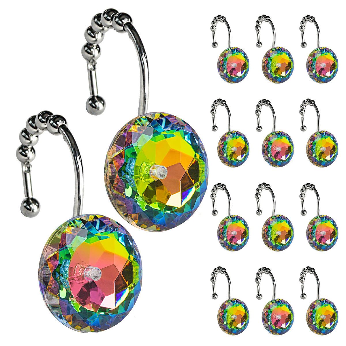 Sunlit Round Rhinestone Shower Curtain Hooks with Glide Balls, 12 Pack
