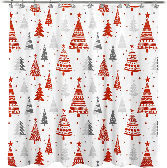 Sunlit Christmas Shower Curtain, Red and Gray Xmas Trees with Stars and Snow Pattern Shower Curtain for Bathroom Decor, 71x71 Inch