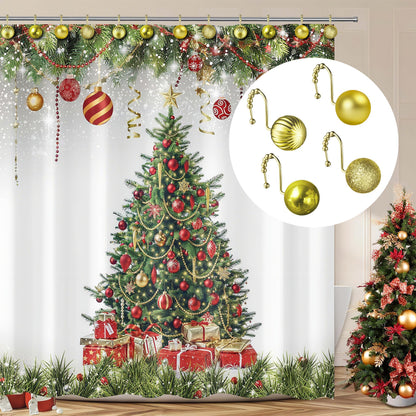 Sunlit Christmas Balls Decorative Shower Curtain Hooks, Shower Curtain Rings with Roller Balls, Xmas Theme Winter Holiday Bathroom Decoration, Set of 12, Red