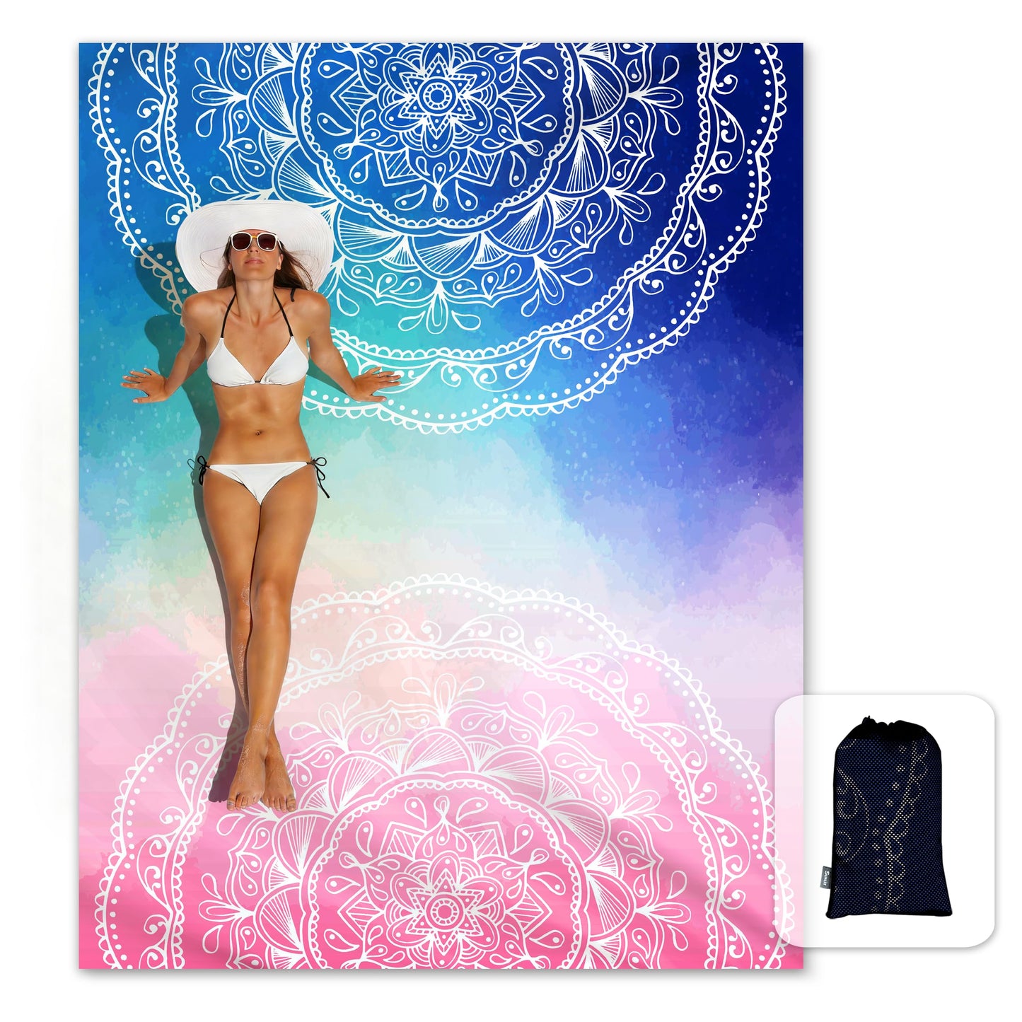 Sunlit Silky Soft Sand Proof Beach Blanket 106"x81" / 85"x72" Sand Proof Mat with Corner Pockets and Mesh Bag for Beach Party, Travel, Camping and Outdoor Music Festival, Mandala