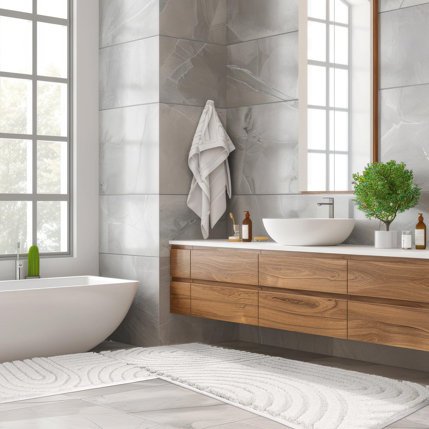 Sunlit 24"x60" Boho Decorative Textured Bathroom Rugs Runner, Mid Century Modern Extra Long Non-Slip Absorbent Soft Bath Mat, Organic Modern Floor Mat Bath Runner Dry Fast Machine Washable, Gray