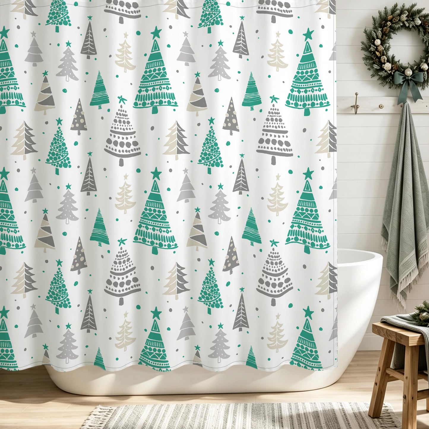 Sunlit Christmas Shower Curtain, Red and Gray Xmas Trees with Stars and Snow Pattern Shower Curtain for Bathroom Decor, 71x71 Inch