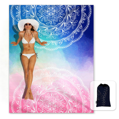 Sunlit Silky Soft Sand Proof Beach Blanket 106"x81" / 85"x72" Sand Proof Mat with Corner Pockets and Mesh Bag for Beach Party, Travel, Camping and Outdoor Music Festival, Mandala