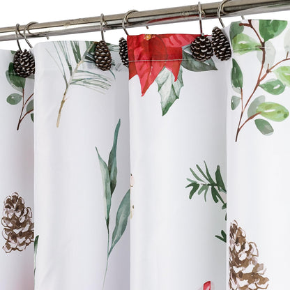 Sunlit Christmas Shower Curtain, Festive Poinsettia and Pine Botanical Holiday Print with Candy Cane Accents, Winter Farmhouse Bathroom Decor, 72" x 72"