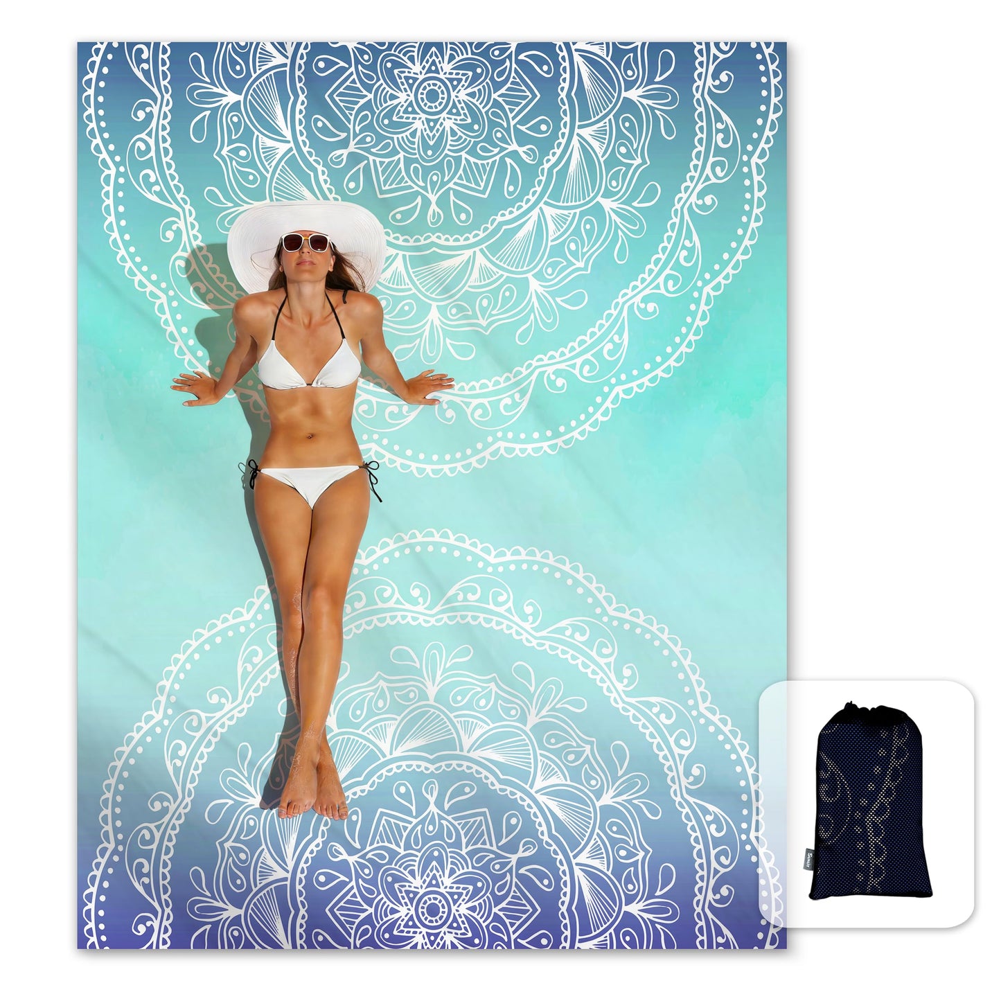 Sunlit Silky Soft Sand Proof Beach Blanket 106"x81" / 85"x72" Sand Proof Mat with Corner Pockets and Mesh Bag for Beach Party, Travel, Camping and Outdoor Music Festival, Mandala
