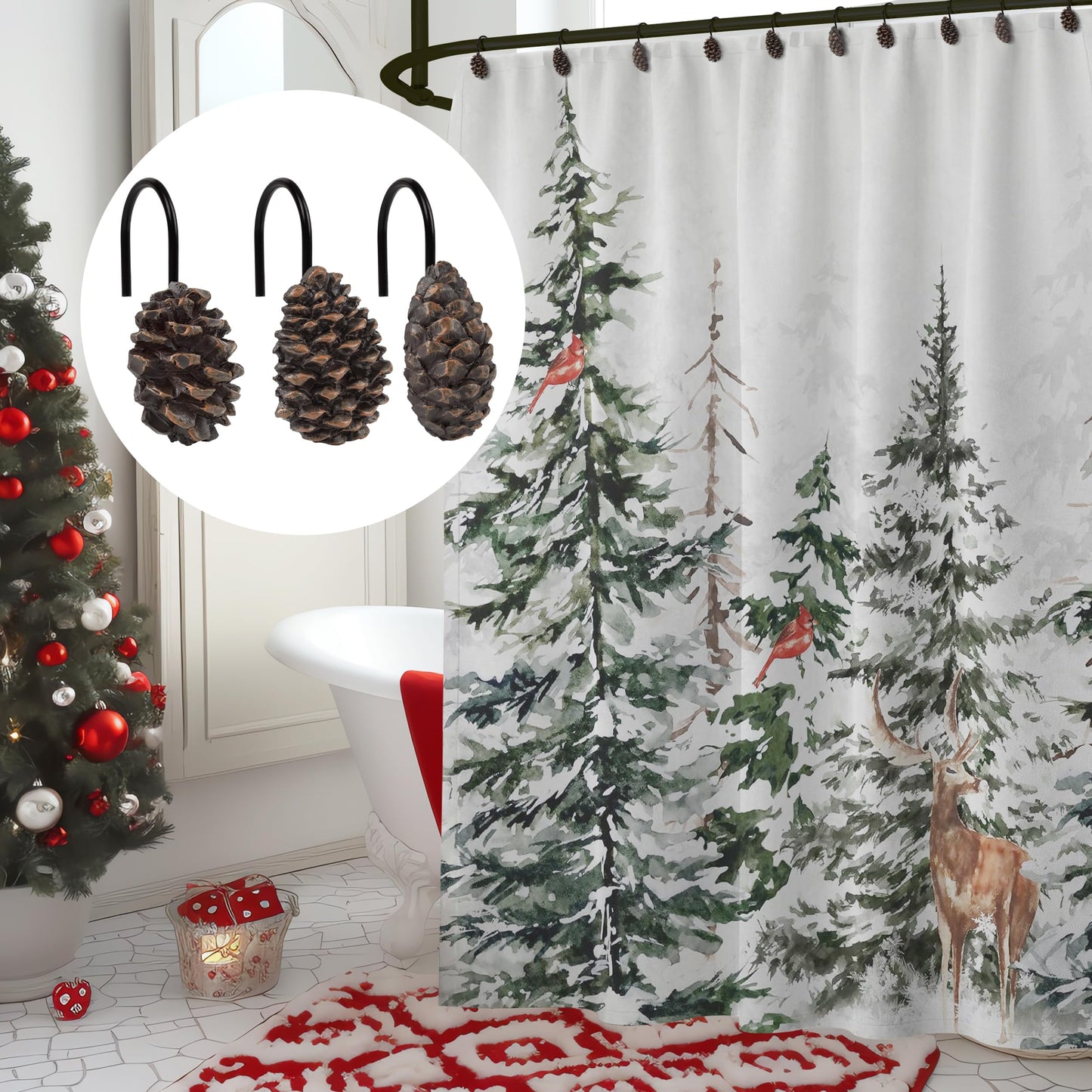 Sunlit Pinecone Decorative Shower Curtain Hooks, Brown Pine Cone Shower Curtain Rings, Resin, Winter Christmas Theme Bathroom Decoration, Set of 12