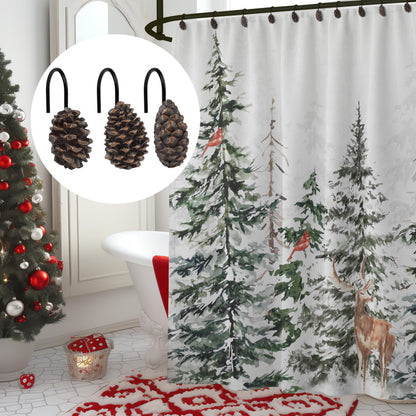 Sunlit Pinecone Decorative Shower Curtain Hooks, Brown Pine Cone Shower Curtain Rings, Resin, Winter Christmas Theme Bathroom Decoration, Set of 12