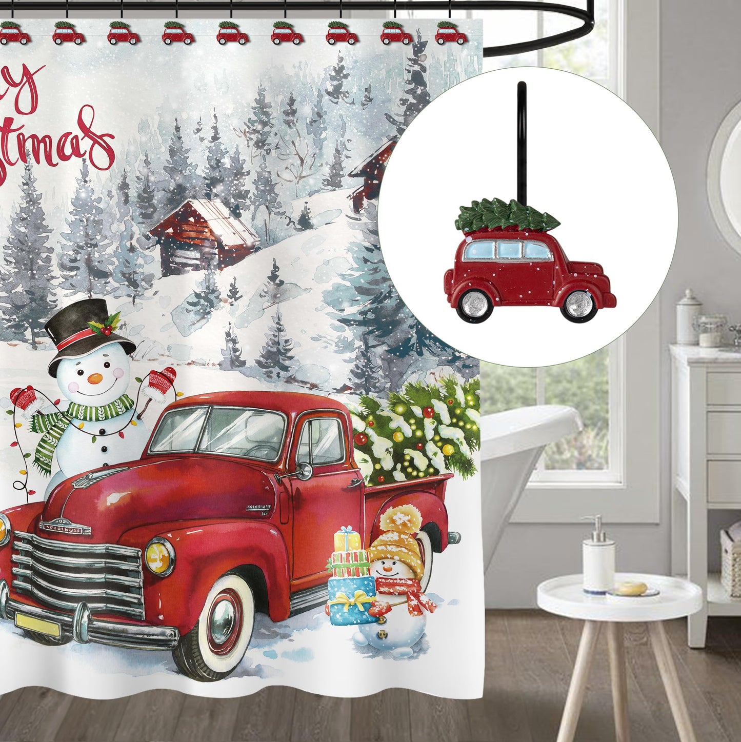Sunlit Christmas Shower Curtain Hooks, Vintage Red Truck with Snow Xmas Tree Shower Curtain Rings, Resin, Rustic Farmhouse Christmas Decor, Winter Bathroom Decoration, Set of 12