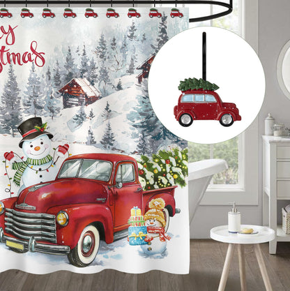 Sunlit Christmas Shower Curtain Hooks, Vintage Red Truck with Snow Xmas Tree Shower Curtain Rings, Resin, Rustic Farmhouse Christmas Decor, Winter Bathroom Decoration, Set of 12