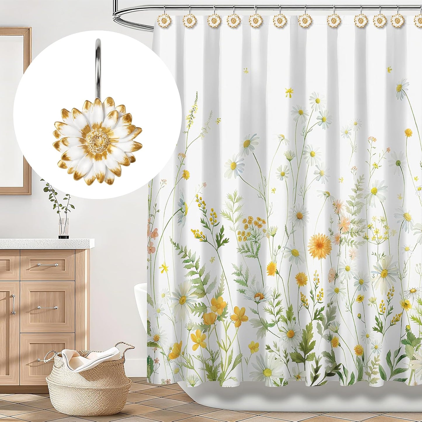 Sunlit Daisy Shower Curtain Hooks, Home Decorative Shower Curtain Rings for Bathroom, Resin, Floral Shower Curtain Hanger Hooks for Living Room, Set of 12, White and Golden