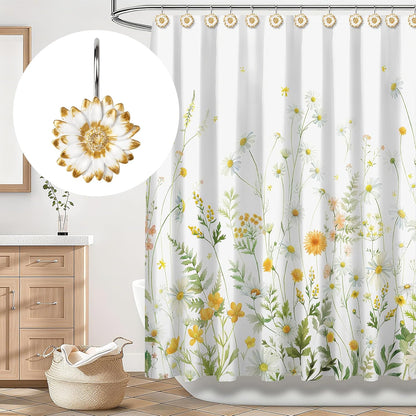 Sunlit Daisy Shower Curtain Hooks, Home Decorative Shower Curtain Rings for Bathroom, Resin, Floral Shower Curtain Hanger Hooks for Living Room, Set of 12, White and Golden