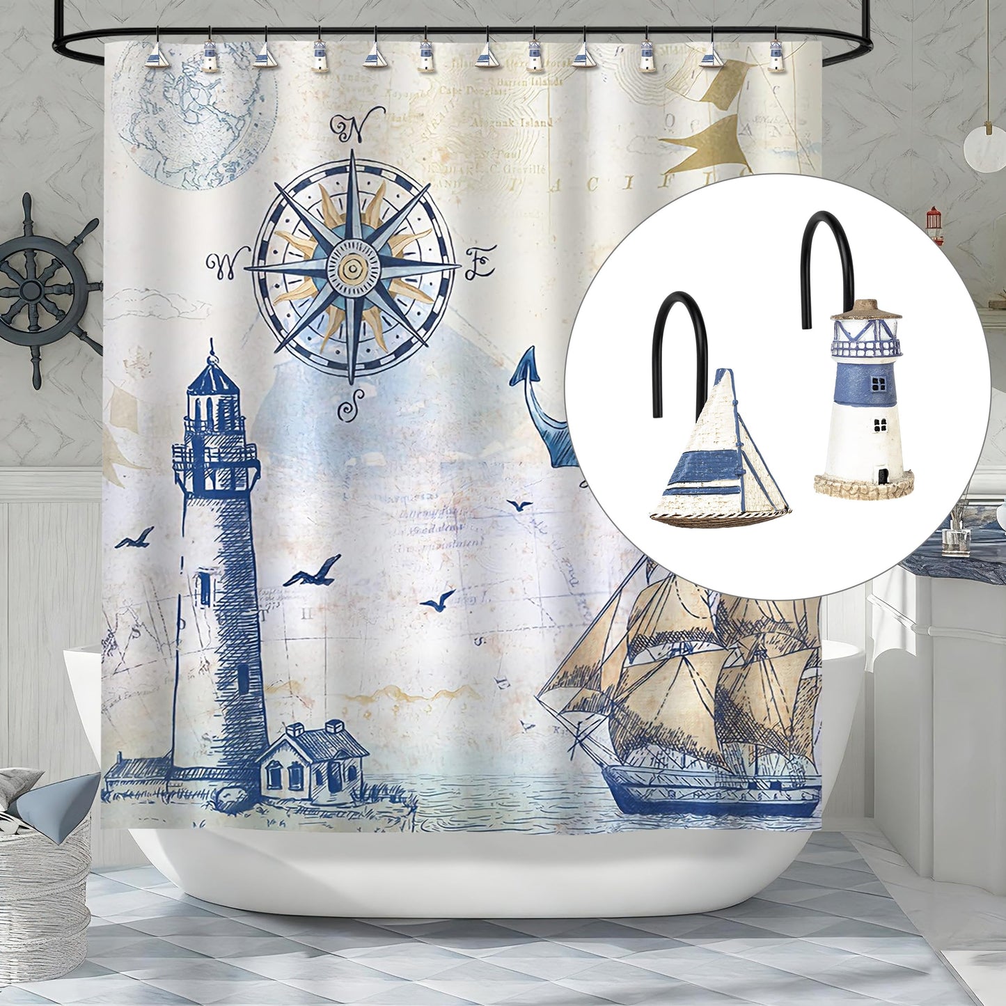 Sunlit Nautical Shower Curtain Hooks, Home Decorative Coastal Shower Curtain Rings for Bathroom, Resin, Ocean Shower Curtain Hanger Hooks for Living Room, Set of 12, Blue Lighthouse Sailboat