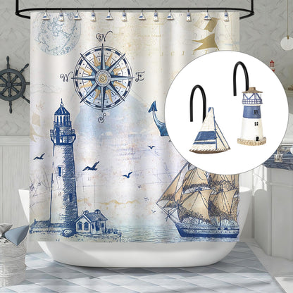 Sunlit Nautical Shower Curtain Hooks, Home Decorative Coastal Shower Curtain Rings for Bathroom, Resin, Ocean Shower Curtain Hanger Hooks for Living Room, Set of 12, Blue Lighthouse Sailboat