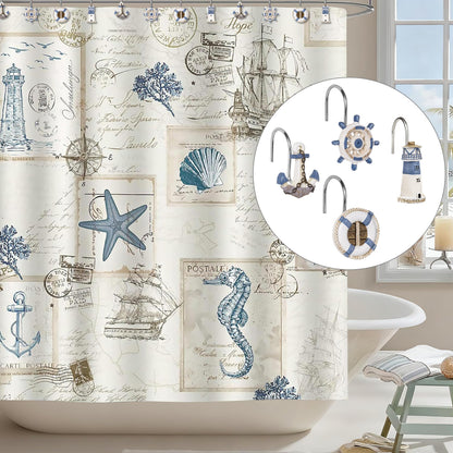 Sunlit Nautical Shower Curtain Hooks, Home Decorative Coastal Shower Curtain Rings for Bathroom, Resin, Ocean Shower Curtain Hanger Hooks for Living Room, Set of 12, Blue Lighthouse Sailboat