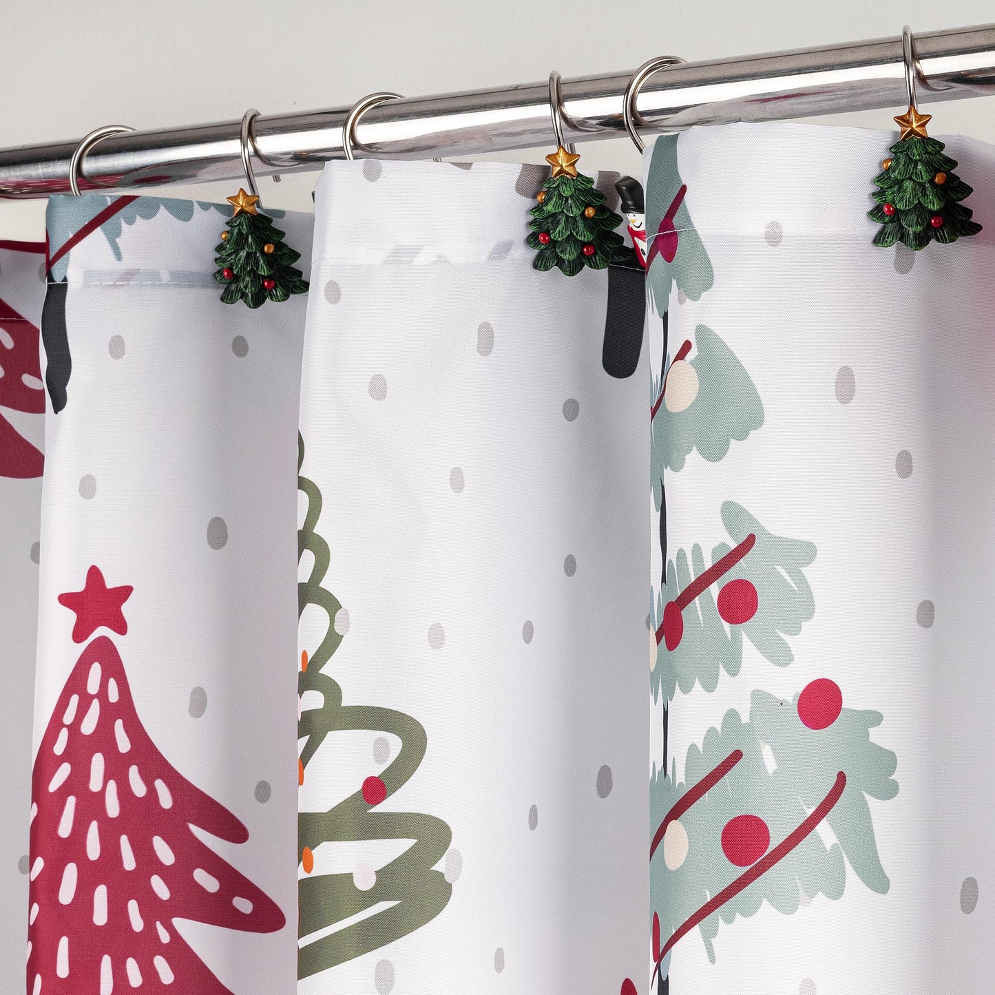 Sunlit Christmas Shower Curtain, Red and Gray Xmas Trees with Stars and Snow Pattern Shower Curtain for Bathroom Decor, 71x71 Inch