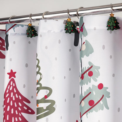 Sunlit Christmas Shower Curtain, Red and Gray Xmas Trees with Stars and Snow Pattern Shower Curtain for Bathroom Decor, 71x71 Inch