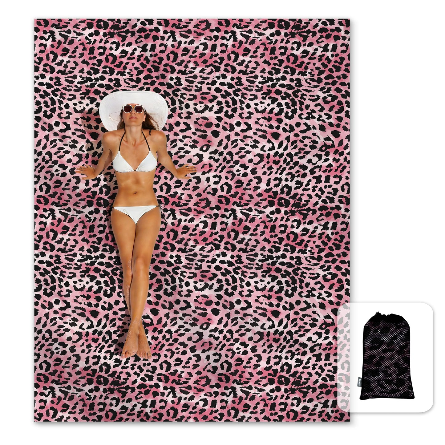 Sunlit Large Cheetah Beach Blanket Waterproof Sand Proof, 81" x106" Sand Free Beach Mat with Corner Pockets and Storage Bag, for Travel Beach Camping Outdoor Festival, Black Pink Leopard
