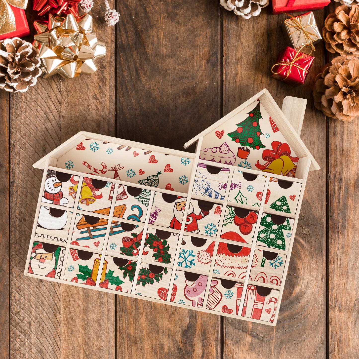 Sunlit Christmas Wooden Advent Calendar with Drawers, Unfinished Wooden, House Shaped Countdown Calendar Ready to Decorate and Personalize | Craft Storage Box | DIY Guru and Crafters