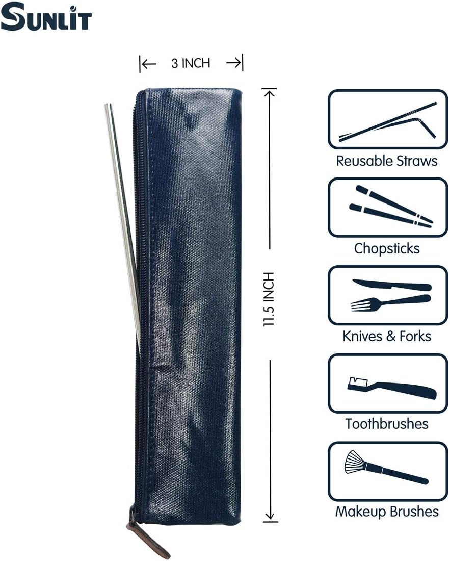 Sunlit 100% Waterproof Wipe Clean Hygienic Carrying Case/Pouch for Reusable Straws - 2 set - For 10.5 inches Straws Silicone or Stainless Steel - Brush/Chopsticks Zipper Bag for Travel