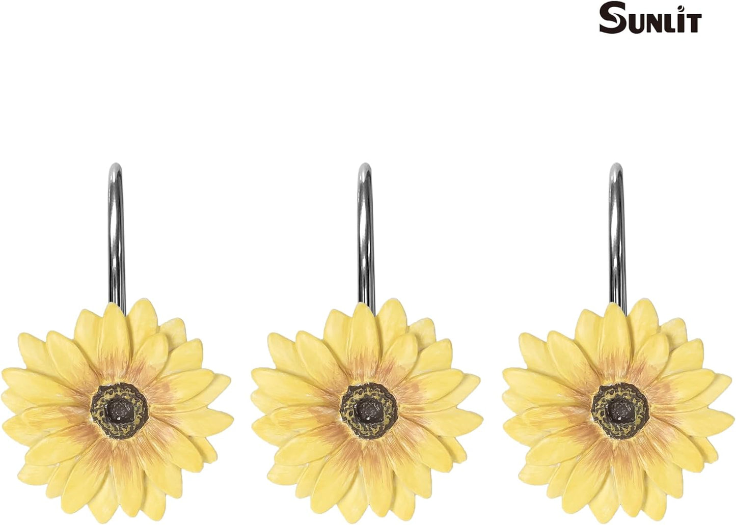 Sunlit Yellow Sunflower Shower Curtain Hooks, Home Decorative Shower Curtain Rings for Bathroom, Resin, Summer Floral Shower Curtain Hanger Hooks for Living Room, Set of 12