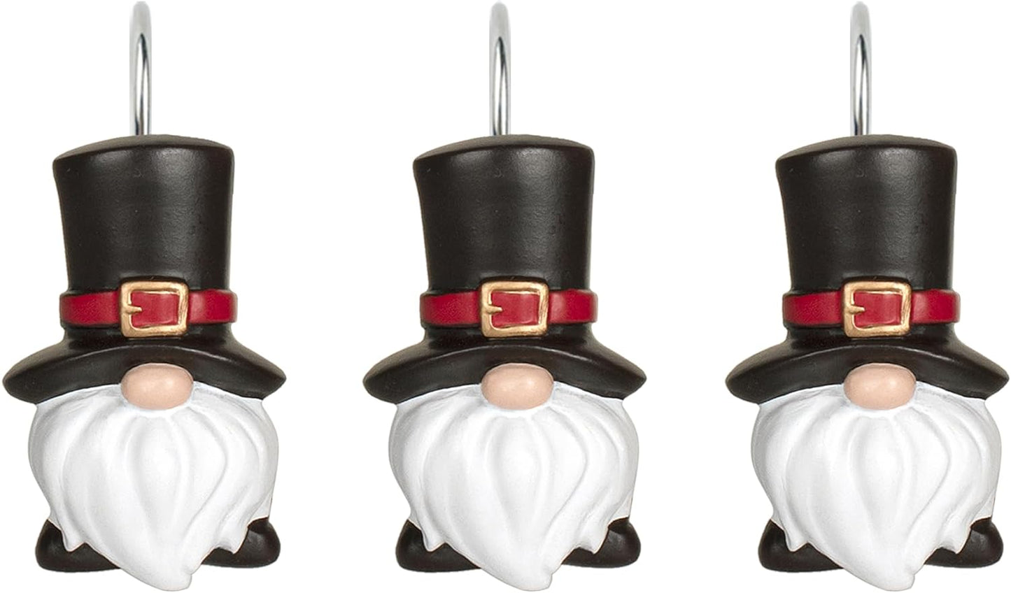 Sunlit Christmas Shower Curtain Hooks, Gnome Shower Curtain Rings, Hand Painted Resin Christmas Decor, Winter Bathroom Decoration, Black Top Hat, Set of 12