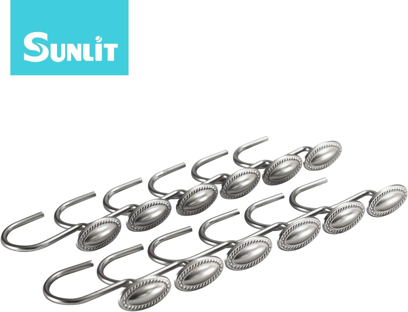 Sunlit Luxury Design Brushed Nickel Oval Shower Curtain Hooks Rust Proof Oil Rubbed Metal Shower Curtain Rings - Satin Matte Silver - 12 Pack