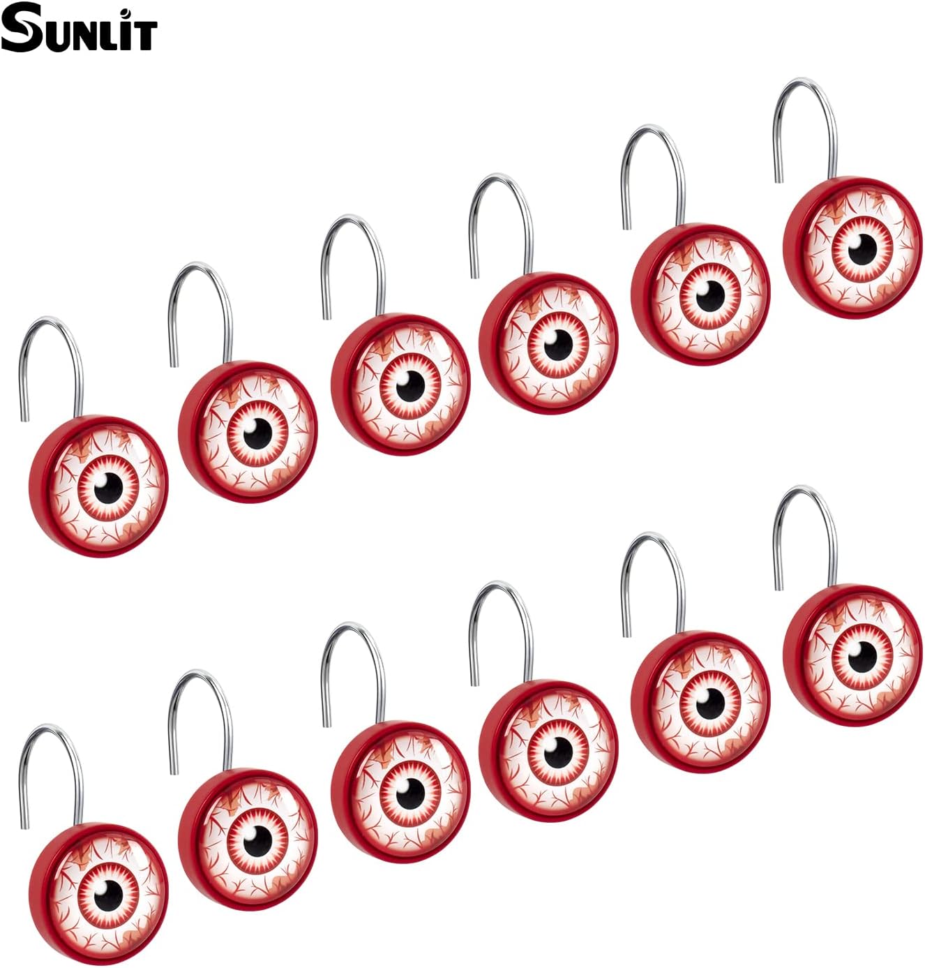 Sunlit Halloween Scary Eye with Bloodshot Round Crystal Glass Decorative Shower Curtain Hooks, Rust Proof Oil Rubbed Metal Shower Curtain Rings-12 Pack