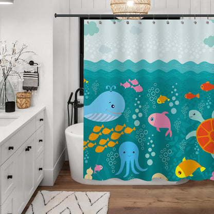 Sunlit Lovely Cartoon Sea Creatures Fabric Shower Curtain for Kids, Whale Turtle and Fish Bathroom Decor Curtain for Girls and Boys
