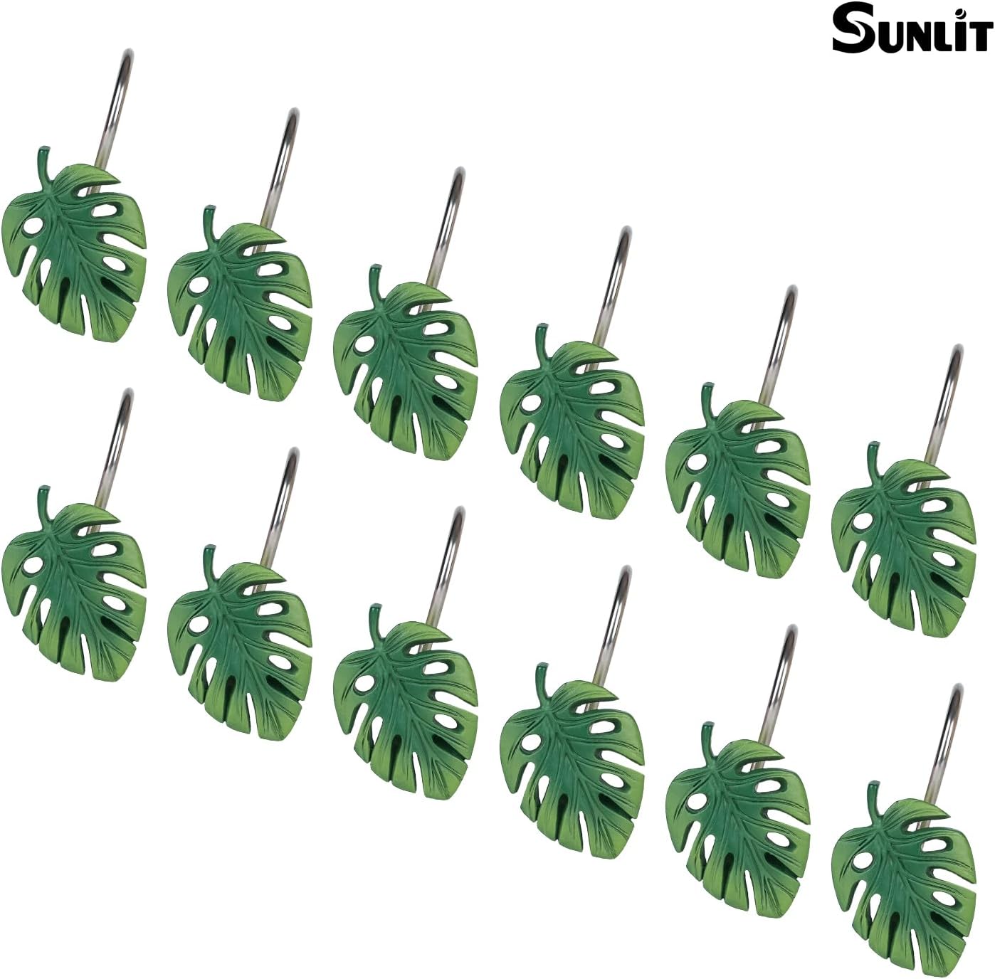 Tropical Leaf Decorative Shower Curtain Hooks Green Botanical Shower Curtain Rings, Resin, Monstera Deliciosa Strelitzia Reginae Leaves Shower Curtain Hangers for Bathroom, Set of 12
