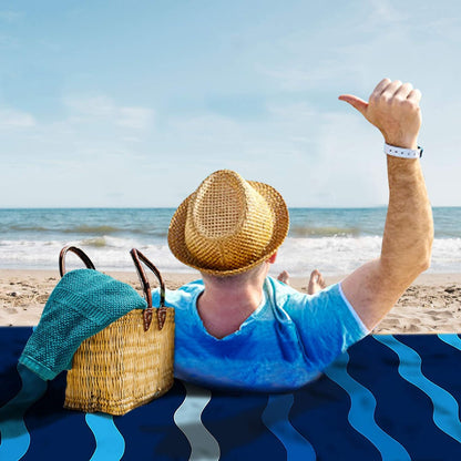Sunlit Silky Soft Sand Proof Beach Blanket 106"x81" / 85"x72" Sand Proof Mat with Corner Pockets and Mesh Bag for Beach Party, Travel, Camping and Outdoor Music Festival, Navy Blue Wave Curve