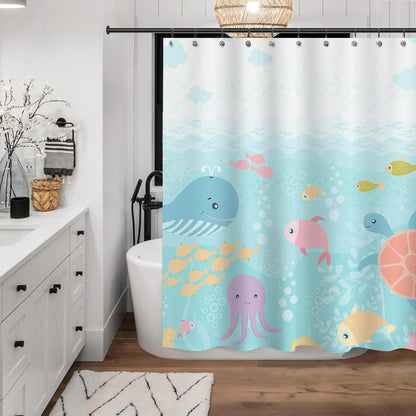 Sunlit Lovely Cartoon Sea Creatures Fabric Shower Curtain for Kids, Whale Turtle and Fish Bathroom Decor Curtain for Girls and Boys