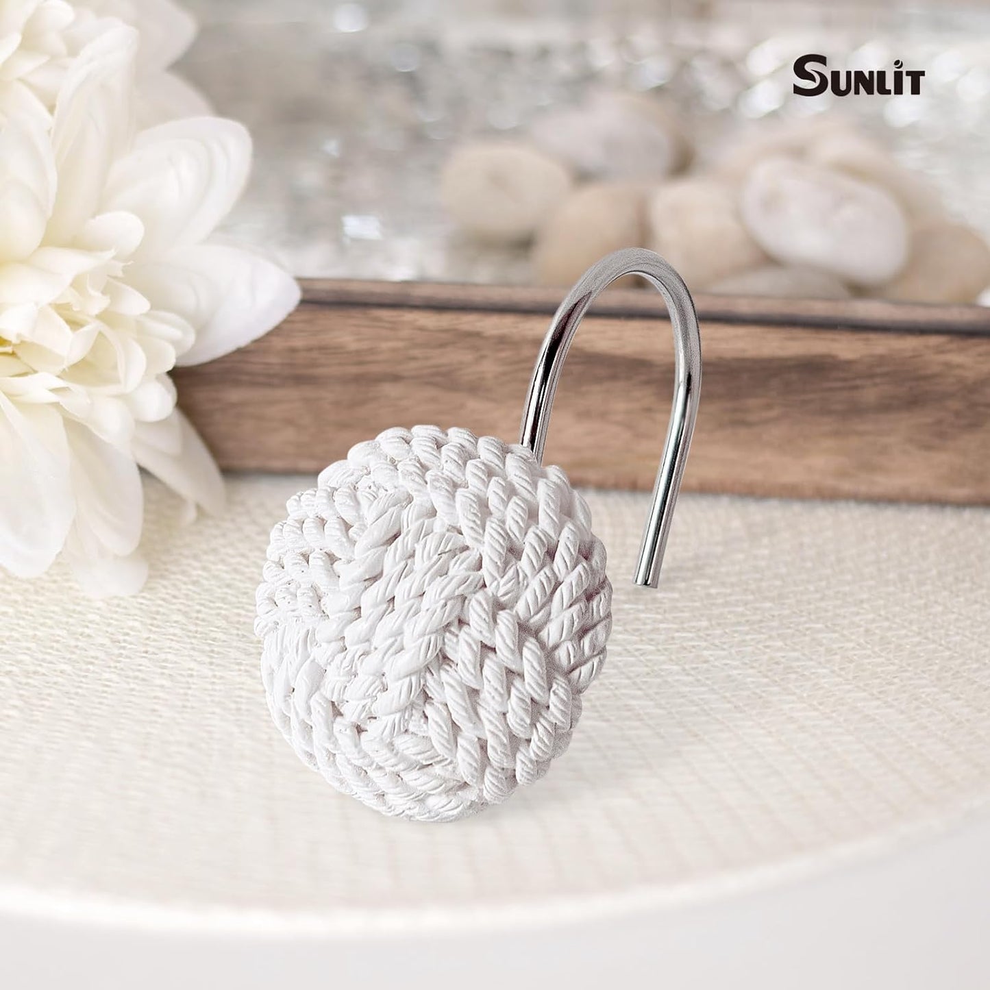 Sunlit Boho Knots Shower Curtain Hooks, Home Decorative Shower Curtain Rings for Bathroom, Seaside Nautical Shower Curtain Hangers Bathroom Accessories, Set of 12