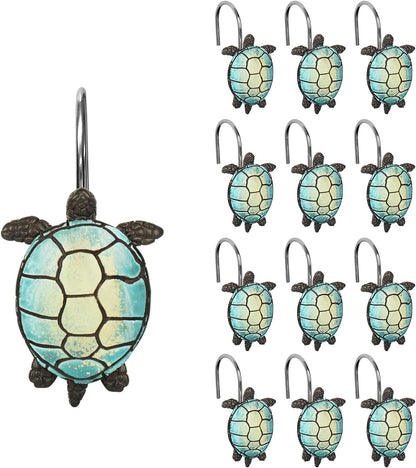 Sunlit Sea Turtle Shower Curtain Hooks, Home Decorative Shower Curtain Rings for Bathroom, Resin, Ocean Shower Curtain Hanger Hooks for Kid Room Living Room, Set of 12