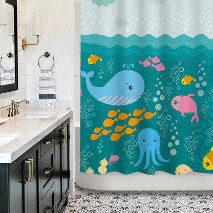 Sunlit Lovely Cartoon Sea Creatures Fabric Shower Curtain for Kids, Whale Turtle and Fish Bathroom Decor Curtain for Girls and Boys