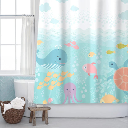 Sunlit Lovely Cartoon Sea Creatures Fabric Shower Curtain for Kids, Whale Turtle and Fish Bathroom Decor Curtain for Girls and Boys