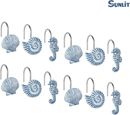 Sunlit Seashells Decorative Shower Curtain Hooks, Blue Ocean Creatures Coastal Shower Curtain Rings, Resin, Nautical Bathroom Decoration Beach Shower Curtain Hooks-12 Pack
