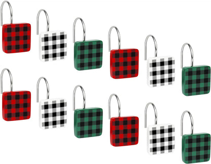 Christmas Decorative Shower Curtain Hooks, Plaid Buffalo Check Shower Curtain Rings, Xmas Classic Decor for Bathroom Home, Round Shower Curtain Hangers, Set of 12, White Black Red Green