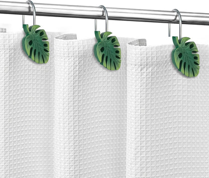 Tropical Leaf Decorative Shower Curtain Hooks Green Botanical Shower Curtain Rings, Resin, Monstera Deliciosa Strelitzia Reginae Leaves Shower Curtain Hangers for Bathroom, Set of 12
