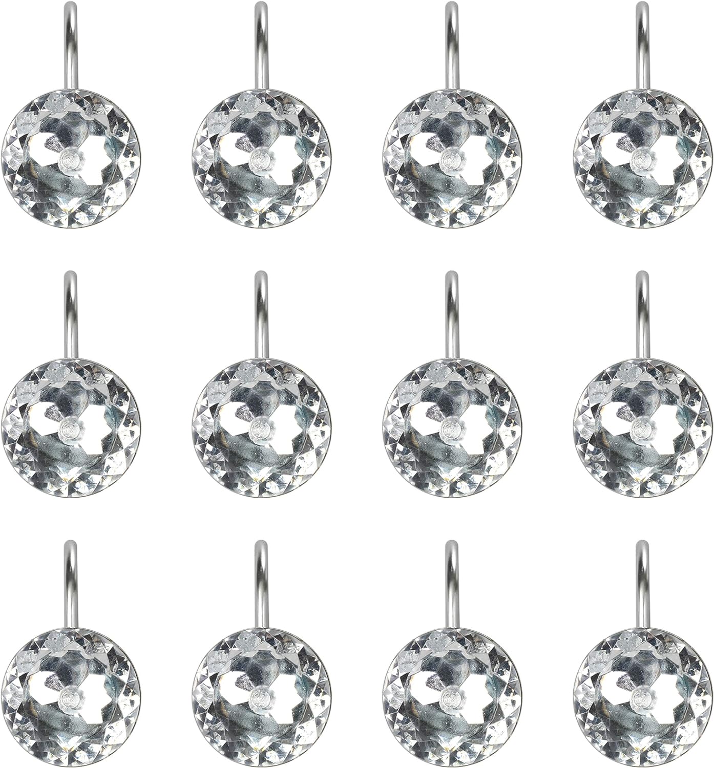 Sunlit Luxury Design Glitter Round Diamond Crystal Gem Bling Shower Curtain Hooks Rust Proof Oil Rubbed Metal Shower Curtain Rings - Rhinestones Clear Glam Shower Curtain Hooks - 12 Pack